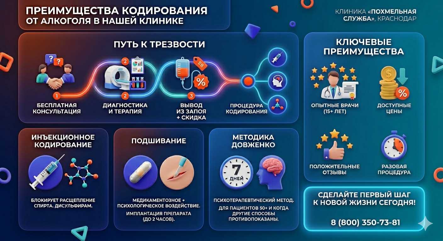 Инфографика о методах кодирования от алкоголя в Нерюнгри: инъекции, подшивание, метод Довженко. Преимущества клиники и этапы лечения.