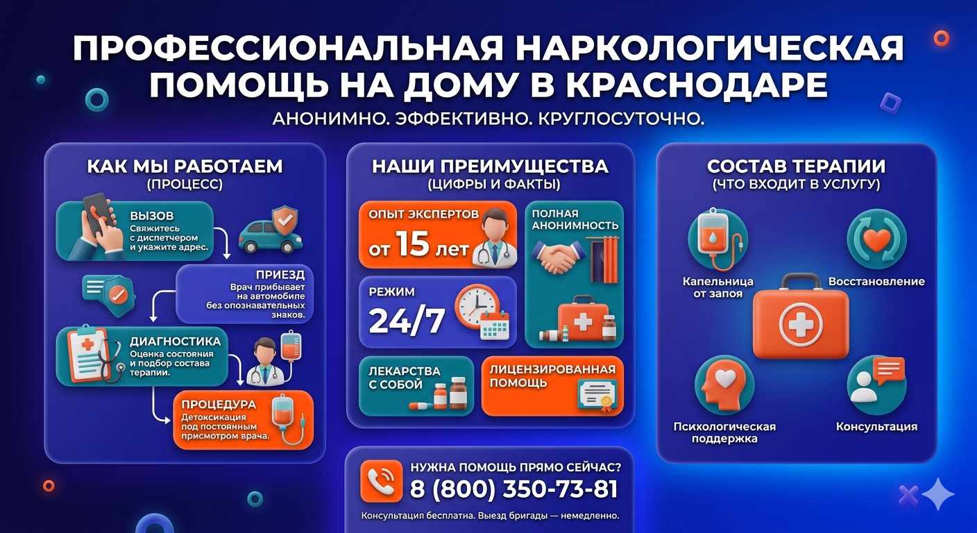 Инфографика о принципах лечения алкоголизма на дому в Нерюнгри: этапы вызова нарколога, преимущества анонимной детоксикации и состав медицинской помощи.